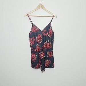 La Vie En Rose Satiny Red Rose Print Adjustable Spaghetti Strap Nighty Romper S